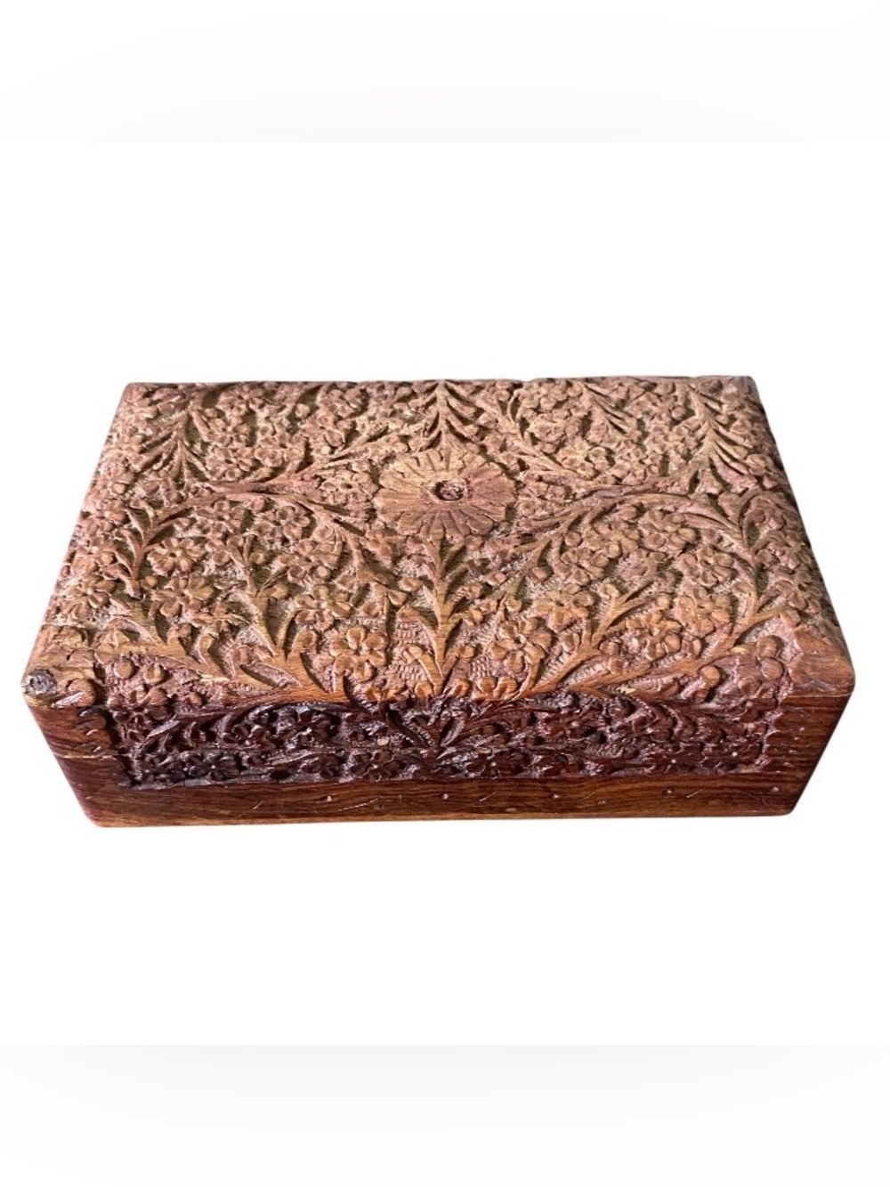 Vintage Hand Carved Wooden Jewelry Trinket Stash Box Urn Floral Boho Rustic